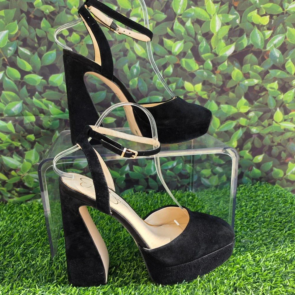 Jessica Simpson Black Suede Platform Flared Block Heel Ankle Strap Pumps Size 9M